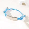 Adjustable blue and white woven cord bracelet with a polished engravable metal plate - Blue White Rope / Silver Metal Plate
