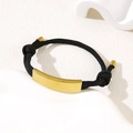 Adjustable black woven rope bracelet with polished gold stainless steel bar plate - Black Rope / Gold Metal Plate