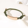 Adjustable dark green woven bracelet with rose gold curved metal plate detail - Green Rope / Rose Gold Metal Plate