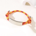 Adjustable woven bracelet with multi-color red orange cord and polished metal plate - Red Yellow Rope / Silver Metal Plate