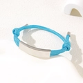 Adjustable blue braided drawstring bracelet with a polished silver stainless steel plate - Blue Rope / Silver Metal Plate