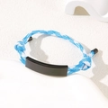 Blue and white woven rope bracelet featuring a matte black adjustable metal nameplate - Blue White Rope / Black Metal Plate