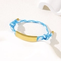 Adjustable blue and white checkered woven bracelet with polished gold metal plate - Blue White Rope / Gold Metal Plate