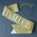 Goldenes Glitzer-Set zum 21. Geburtstag mit Schärpe und Strass-Tiara Finalmente 21 - Gold (Finally 21)