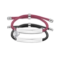 Magnetic heart couple bracelets with woven rope and polished stainless steel plate set - Silver Plate (Black and Wine Red Rope)