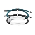 Detail showing a pair of magnetic heart-shaped connectors and woven couple bracelets - Silver Plate (Black and Blue Rope)
