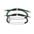 Close-up of woven couple bracelets with magnetic heart charm and metal bar details - Silver Plate (Black and Green Rope)
