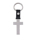 Cross-shaped stainless steel and black leather keychain with brushed metal finish - Silver Cross Tag / Silver Leather Style 53.5x30mm Cross Keychain