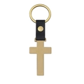 Detailed view of the gold-tone cross keychain with premium black leather strap buckle - Gold Cross Tag / Gold Leather Style 53.5x30mm Cross Keychain