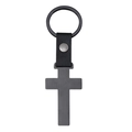 Macro detail of cross keychain with matte black metal finish and faux leather strap - Black Cross Tag / Black Leather Style 53.5x30mm Cross Keychain