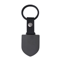 Detail of matte black dog tag keychain with textured leather strap and metal ring - Black Shield Tag / Black Leather Style 42.2x30mm Shield Keychain