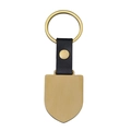 Detail of shield-shaped gold metal keychain with black lychee grain leather strap - Gold Shield Tag / Gold Leather Style 42.2x30mm Shield Keychain