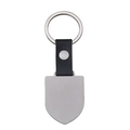 Customizable metal and black leather keychain with a shield-shaped dog tag on white background - Silver Shield Tag / Silver Leather Style 42.2x30mm Shield Keychain