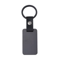 Minimalist black leather keychain with a matte black metal tag on white background - Black Rectangular Tag / Black Leather Rectangular Keychain
