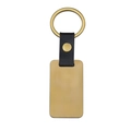 Detail view of rectangular gold metal keychain with black lychee textured leather strap - Gold Rectangular Tag / Gold Leather Rectangular Keychain