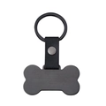 Detail of bone-shaped gunmetal keychain with brushed finish and black litchi leather strap - Black Bone Shape / Black Leather Style 50x27.6mm Bone Keychain