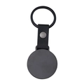 Detail of minimalist black metal keyring with lychee texture leather strap and round dog tag - Black Round Tag / Black Leather 35mm Round Keychain