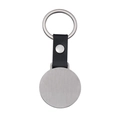 Minimalist round brushed metal keychain with black leather strap and silver ring - Silver Round Tag / Silver Leather 35mm Round Keychain