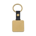 Detail of square gold metal tag with brushed finish and black litchi grain leather strap - Gold Square Tag / Gold Leather Style 35mm Square Keychain