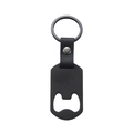 Detail of matte black metal bottle opener keychain with black lychee textured leather strap - Black Bottle Opener Style / Black Leather Style 55x30mm Bottle Opener Keychain