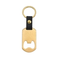 Close-up of golden brushed metal bottle opener keychain with black leather strap - Gold Bottle Opener Style / Gold Leather Style 55x30mm Bottle Opener Keychain