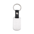 Detail of a rectangular metal keychain with black leather strap and silver ring connector - Silver Rectangular Tag / Silver Leather Style 50x28mm Army Tag Keychain