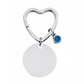 Macro detail of silver round blank pendant with blue gemstone and heart-shaped keychain - 30mm Round Tag With Blue Rhinestone & Heart Clasp (Silver)