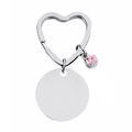 Detail of silver heart keychain with pink gemstone and round blank pendant for engraving - 30mm Round Tag With Red Rhinestone & Heart Clasp (Silver)