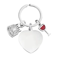 Silver metal keychain with engraved heart, birthday cake and wine glass pendants - Heart Tag + Cake + Wine Glass