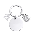 Macro detail of silver birthday keychain with 21, cake charms and blank metal tag - Age 21 Circle Tag + Cake