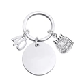 Silver metal keychain with 40th birthday cake pendant and round engraving plate detail - Age 40 Circle Tag + Cake