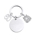 Custom silver 60th birthday keychain with round blank tag and happy birthday cake charm - Age 60 Circle Tag + Cake