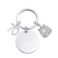 Close-up of silver 70th birthday keychain with engravable round tag and cake charm - Age 70 Circle Tag + Cake