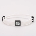 Detail view of white braided Milanese rope bracelet with black lotus engraved pendant - White Rope With Black Lotus