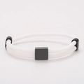 Detailed view of adjustable white braided Milan rope bracelet with matte black metal slider - Square Charm (Double Buckle) / White