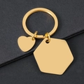 Porte-clés en acier inoxydable doré avec breloques hexagone et cœur pour gravure laser - Or