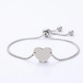 Detail of adjustable heart charm box chain bracelet with bolo clasp in polished steel - Heart Pendant Pearl Chain Bracelet / Silver