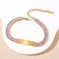 Bracelet en acier doré avec zircons roses et une plaque polie gravable personnalisée - Or Pierre Rose