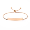 Detail of rose gold box chain bracelet with adjustable sliding clasp and engravable plate - Rose Gold Plain Bar / Rose Gold