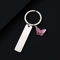 Polished stainless steel keychain with pink glittery butterfly charm and metal tag - Silver 50x12mm Bar Butterfly Style