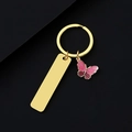 Golden stainless steel keychain with rectangle blank tag and pink glitter butterfly charm - Gold 50x12mm Bar Butterfly Style