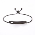 Close-up of black adjustable box chain bracelet with hollow butterfly curved metal bar - Black Butterfly Cutout Bar / Black