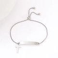 Macro view of adjustable stainless steel box chain with curved plate and cross charm - Cross (Silver)