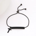 Adjustable black stainless steel bar bracelet with cross pendant and bolo slider closure - Cross (Black)