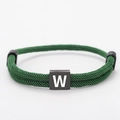 Adjustable dark green Milan rope braided bracelet with a black square initial W charm - Green Rope Letter W