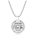 Detail van zilveren ronde hanger ketting met gegraveerde boodschap voor mijn zoon - Aan Mijn Zoon Citaat Stijl (Y00020) / Zilver