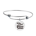 Detailed close-up of engraved inspirational message and cross on silver wire bracelet - With all God things are possible (Y00009)
