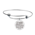 Detailed view of adjustable stainless steel bangle with engraved inspirational pendant - Courage Quote (Y00011)