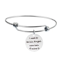 Macro detail of silver adjustable stainless steel bracelet with engraved circular pendant - I used to be his Angel now he's mine (Y00016)