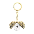 Détail du porte-clés médaillon tournesol avec lettre J gravée sur le disque argenté - Style Lettre J (T00034) / Or